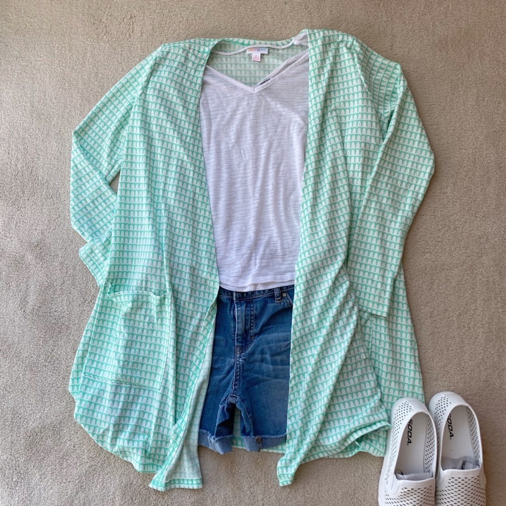 LuLaRoe Green and White Print Caroline Cardigan